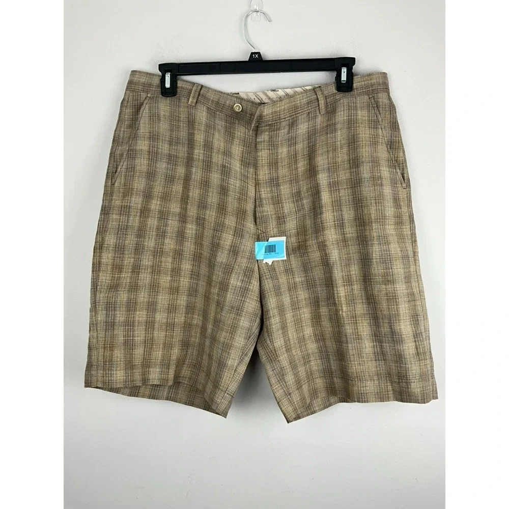 Tommy Bahama Linen‎ Silk Shorts Men's 38 Brown Plaid Dress Golf